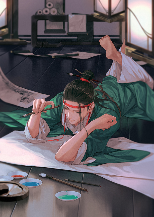 1boy, akyo89, barefoot, black_hair, bowl, chinese_clothes, eyelashes, feet_up
