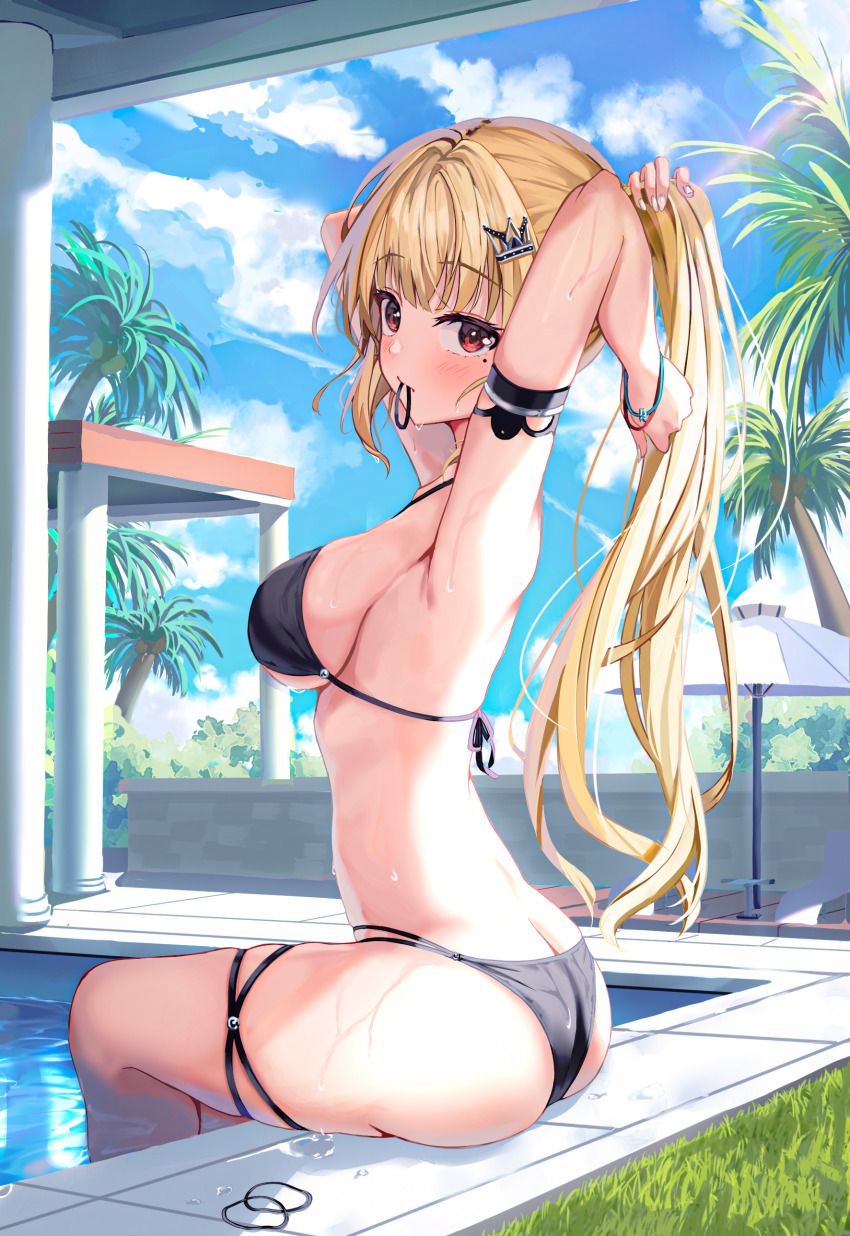 1girl, absurdres, arm_strap, armpits, arms_behind_head, arms_up, ass, bare_shoulders, bikini, black_bikini, blonde_hair, breasts, butt_crack, commission, cream_(cream), crown_hair_ornament, day, duplicate, from_side, ha_en, hair_ornament, hair_tie_in_mouth, halterneck, hands_in_own_hair, highres, long_hair, looking_at_viewer, looking_to_the_side, medium_breasts, mole, mole_under_eye, mouth_hold, multi-strapped_bikini, original, outdoors, ponytail, poolside, red_eyes, second-party_source, sitting, solo, string_bikini, swimsuit, thigh_strap, thighs, water, wet