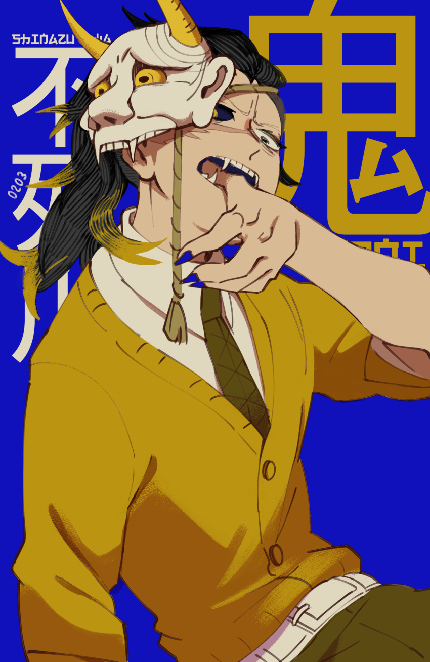 1boy, anger_vein, belt, biting, black_hair, black_sclera, blonde_hair, blue_background