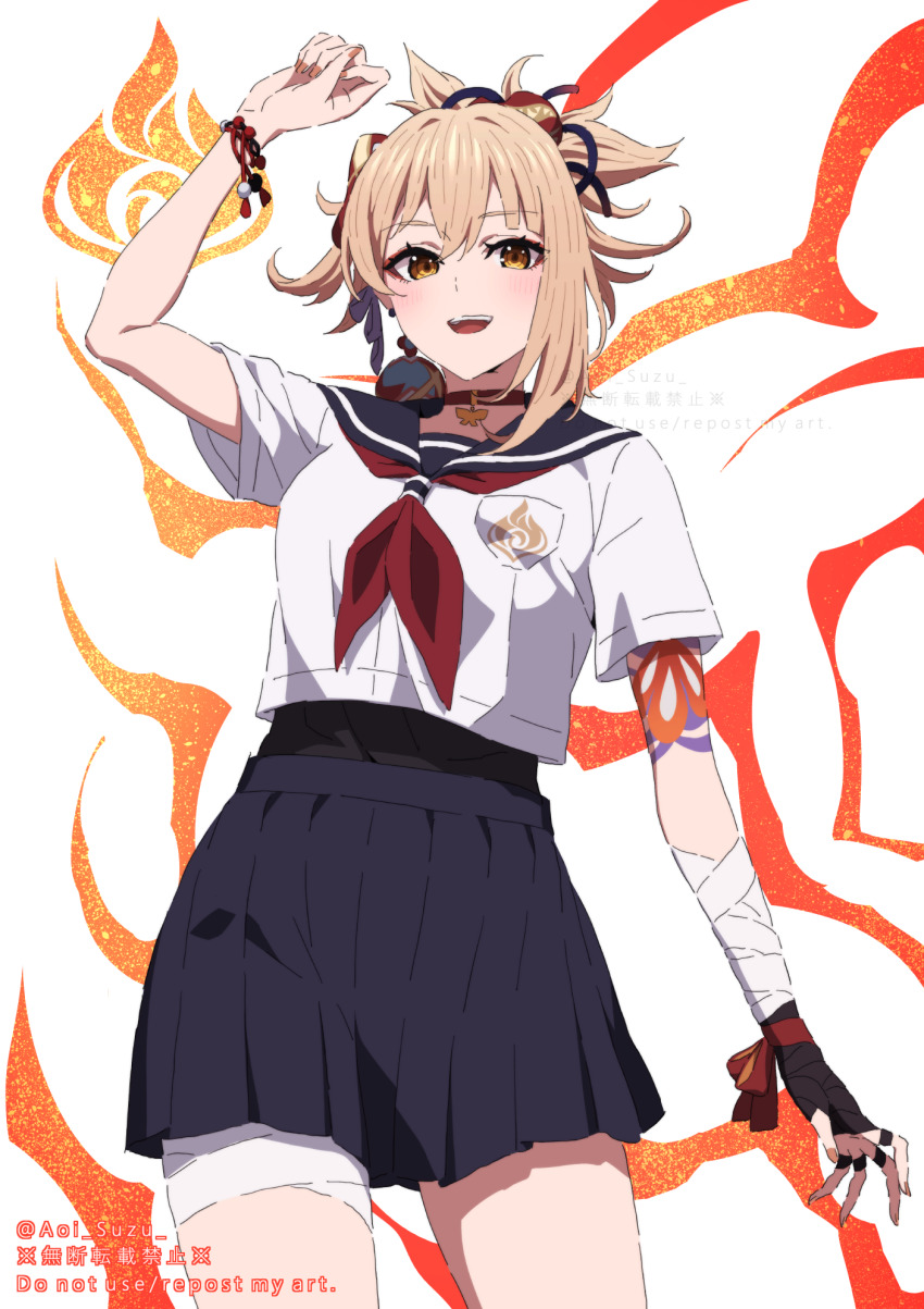 1girl, alternate_costume, aoi_suzu, arm_tattoo, bandaged_arm, bandaged_hand, bandages, bead_bracelet