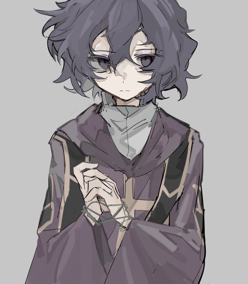 1boy, blue_hair, cassock, chinese_commentary, closed_mouth, commentary_request, dark_blue_hair, grey_background, grey_eyes, hair_between_eyes, highres, hood, hood_down, long_sleeves, male_focus, mintcrpt, saibou_shinkyoku, shirt, short_hair, simple_background, solo, stole, thorns, upper_body, utsugi_noriyuki, white_shirt