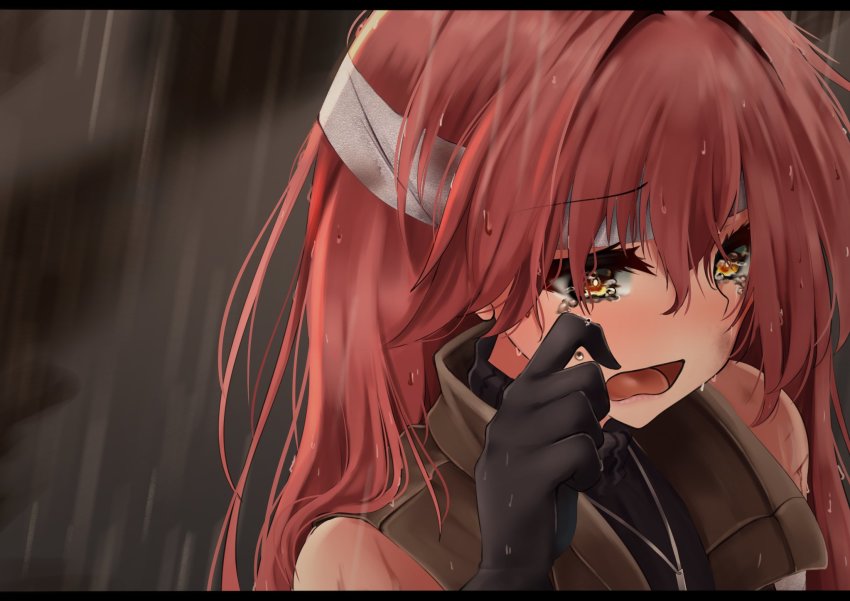 1girl, commission, crying, eiyuu_densetsu, gloves, headband, highres, jacket