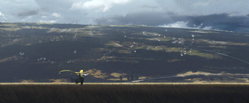 1girl, absurdres, arm_up, asteroid_ill, backpack, bag, bird, black_ribbon