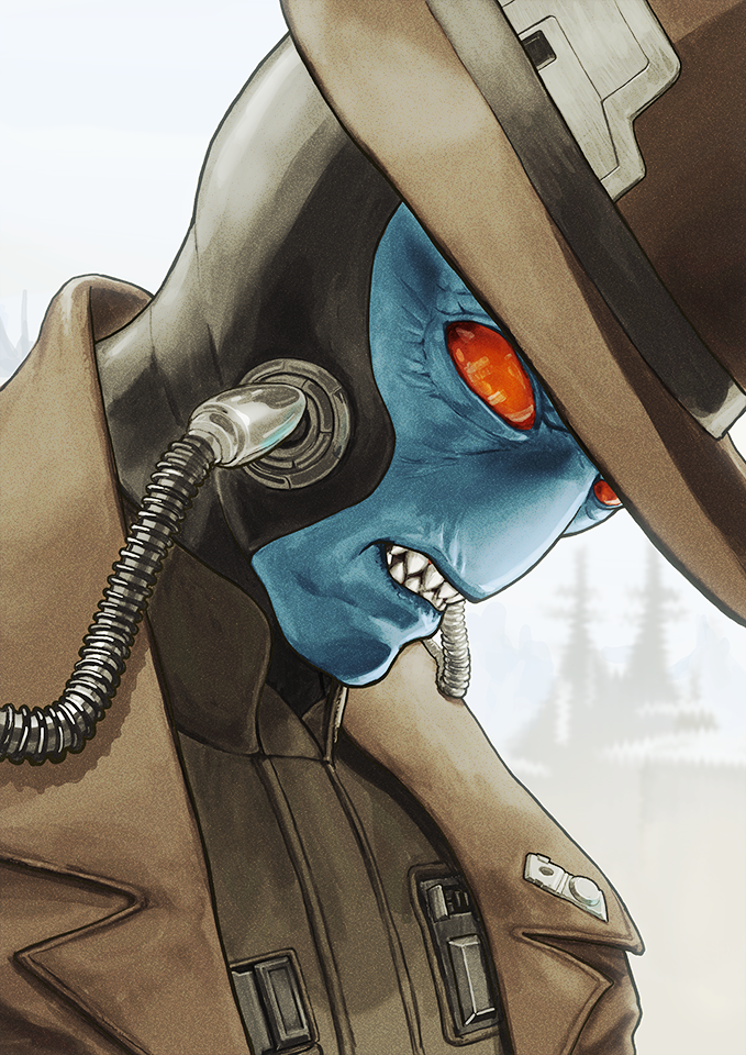 1boy, alien, blue_skin, brown_jacket, cable, cad_bane, colored_skin, commentary, english_commentary, jacket, looking_down, male_focus, mixed-language_commentary, portrait, red_eyes, sharp_teeth, solid_eyes, solo, star_wars, tatsuo_susumu, teeth, the_book_of_boba_fett