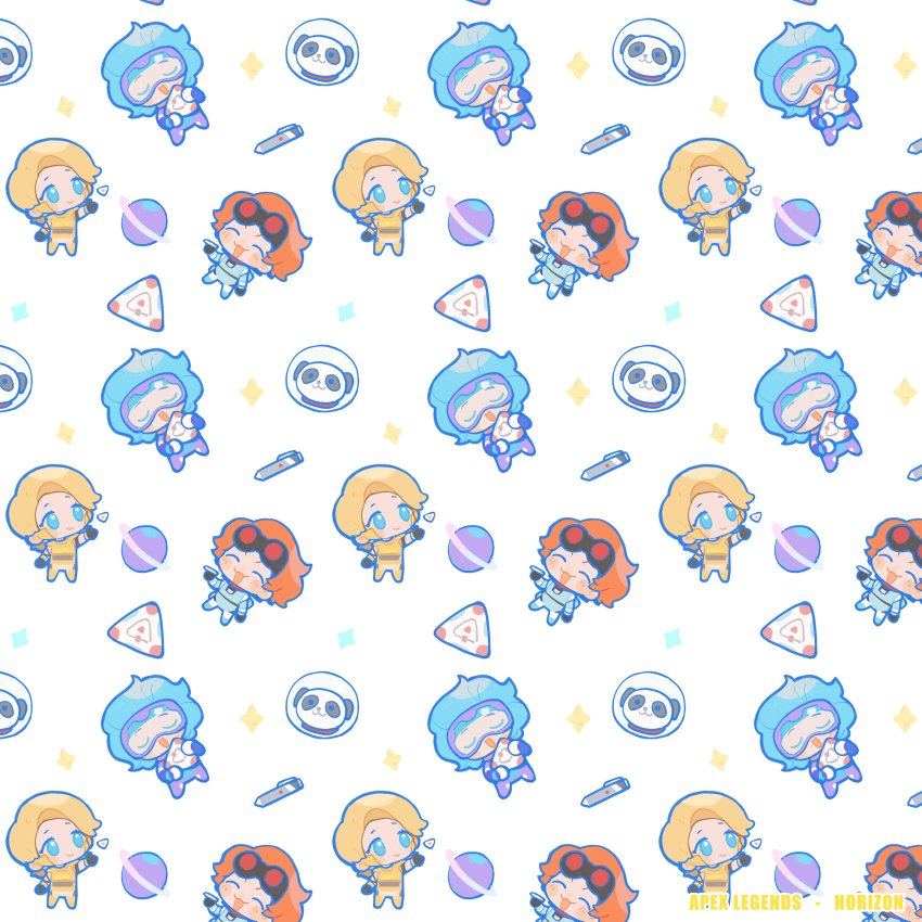 1girl, ^_^, absurdres, apex_legends, blonde_hair, blue_eyes, blue_hair, blush, character_name, chibi, chinese_commentary, closed_eyes, copyright_name, goggles, goggles_on_head, highres, horizon_(apex_legends), jewel_of_olympus_horizon, multiple_views, official_alternate_costume, orange_hair, overfloater_horizon, panda, pen, planet, smile, spacesuit, sparkle, white_background, yuuu_(maruunaka)