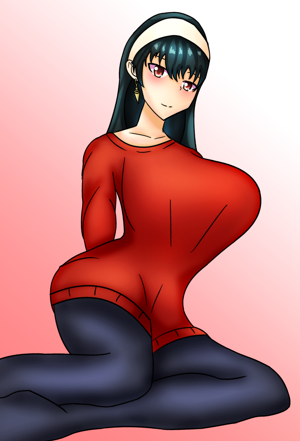 1girl, astelord, black_hair, blush, breasts, highres, huge_breasts, pantyhose