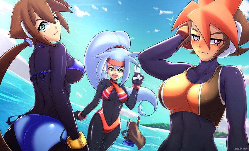 3girls, aile_(mega_man_zx), arm_behind_head, ashe_(mega_man), atlas_(mega_man), bikini, black_bodysuit, blue_bikini