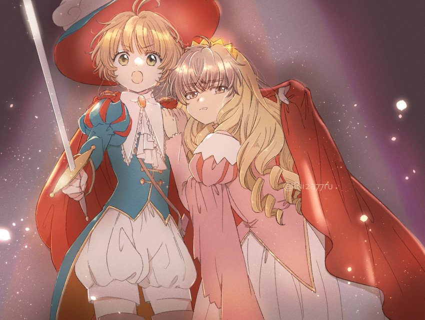 1boy, 1girl, abstract_background, ahoge, angry, bad_id, bad_twitter_id, brown_hair, cape, cardcaptor_sakura, clothing_request, commentary, crossdressing, dress, drill_hair, eyebrows_visible_through_hat, green_eyes, grimace, hands_on_another's_shoulders, hat, highres, holding, holding_sword, holding_weapon, kinomoto_sakura, kinomoto_sakura_(sakura_prince), li_syaoran, long_hair, long_sleeves, open_mouth, pink_dress, purple_background, rapier, red_cape, rii2a77ru, short_hair, sidelocks, spotlight, sword, tiara, twitter_username, weapon