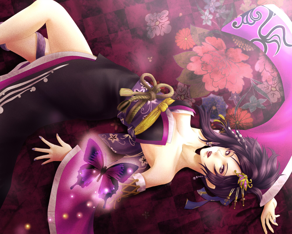 1girl, bare_shoulders, breasts, bug, butterfly, cleavage, detached_sleeves, dress, earrings, eyeshadow, female_focus, hair_ornament, insect, japanese_clothes, jewelry, lips, lipstick, long_hair, lying, makeup, mole, nail_polish, no_(sengoku_musou), purple_eyes, purple_hair, sengoku_musou, sengoku_musou_3, solo, strapless, strapless_dress, yusoson