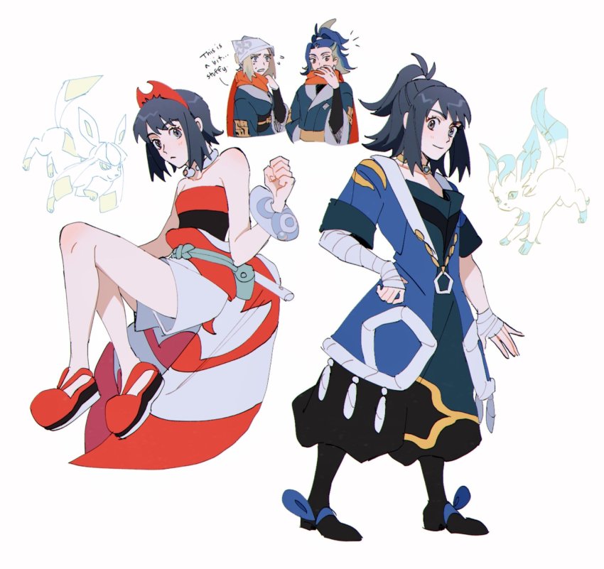 1boy, 2girls, adaman_(pokemon), adaman_(pokemon)_(cosplay), akari_(pokemon), akari_(pokemon)_(cosplay), bag, blue_coat