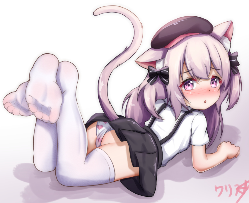 1girl, animal_ears, ass, azur_lane, black_hat, black_skirt, blush, boppin, bow, cameltoe, cat_ears, cat_girl, cat_tail, clothes_lift, feet, female_focus, from_behind, full_body, hair_bow, hat, heart, heart_print, highres, kisaragi_(azur_lane), kisaragi_(retrofit)_(azur_lane), legs, legs_up, loli, long_hair, looking_at_viewer, looking_back, lying, miniskirt, no_shoes, on_stomach, open_mouth, panties, pink_eyes, pink_hair, pleated_skirt, print_panties, ribbon, school_uniform, shirt, short_sleeves, skirt, skirt_lift, soles, solo, suspender_skirt, suspenders, tail, thighhighs, thighs, toes, two_side_up, underwear, white_panties, white_shirt, white_thighhighs