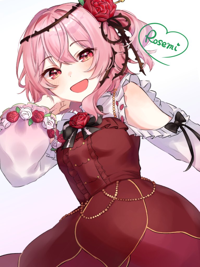 1girl, breasts, brown_eyes, clothing_cutout, dress, flower, hair_flower, hair_ornament, heart, looking_at_viewer, medium_hair, nijisanji, nijisanji_en, nnnuts2, open_mouth, pink_hair, plant, red_dress, red_flower, red_rose, rose, rosemi_lovelock, rosemi_lovelock_(1st_costume), short_side_ponytail, shoulder_cutout, side_ponytail, small_breasts, smile, solo, thorns, upper_body, vines, virtual_youtuber