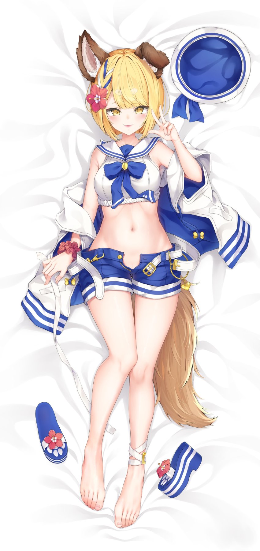 1girl, absurdres, animal_ears, anklet, armpit_crease, asymmetrical_bangs, barefoot, bed_sheet