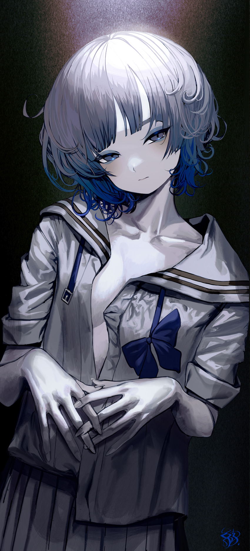 1girl, absurdres, blue_eyes, blue_eyeshadow, blue_hair, breasts, cleavage, collarbone