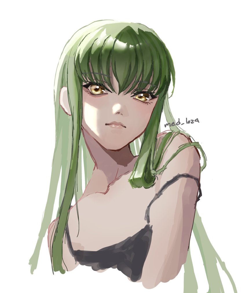 1girl, c.c., camisole, code_geass, collarbone, green_hair, grey_camisole, hair_behind_ear, highres, long_hair, making-of_available, med_(med_1024), off_shoulder, sketch, solo, white_background, yellow_eyes