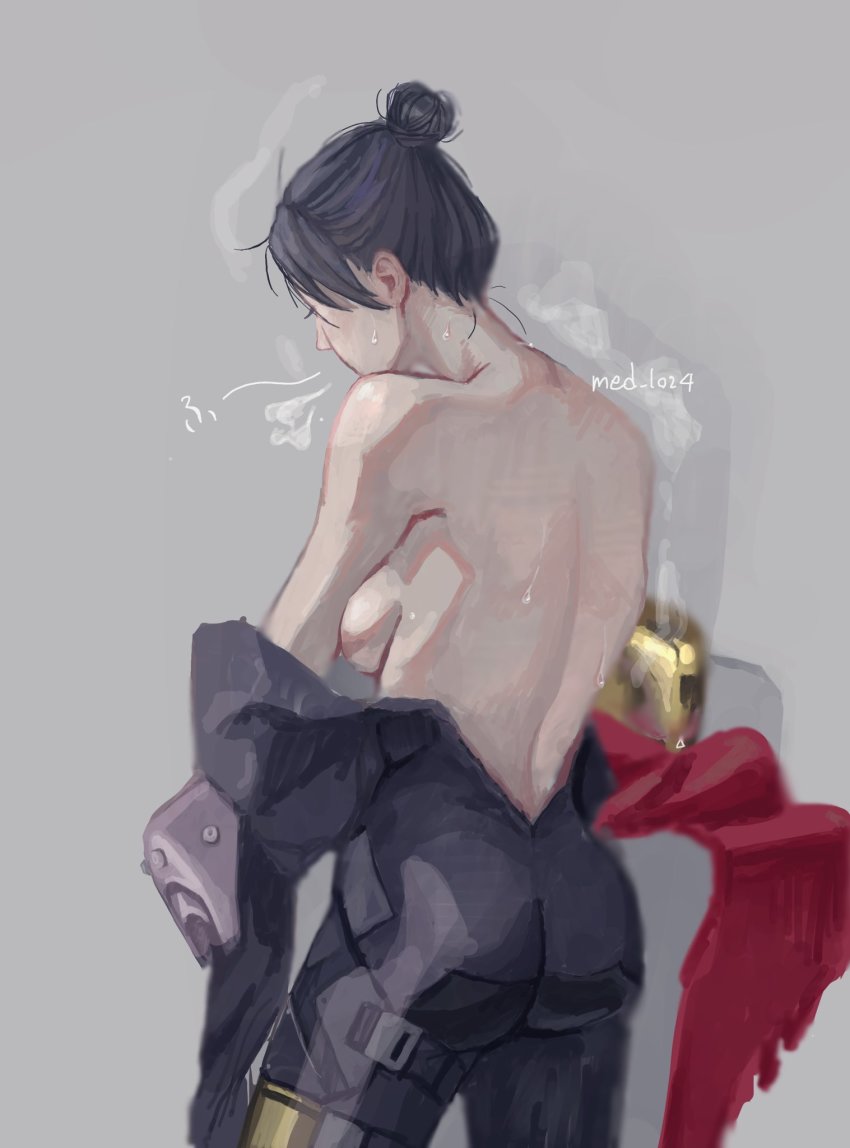 1girl, apex_legends, ass, back, back_focus, black_bodysuit, bodysuit, breasts, breath, eternal_life_wraith, from_behind, grey_background, hair_behind_ear, unworn_headwear, helmet, unworn_helmet, highres, med_(med_1024), medium_breasts, official_alternate_costume, sideboob, solo, steaming_body, undressing, wraith_(apex_legends)