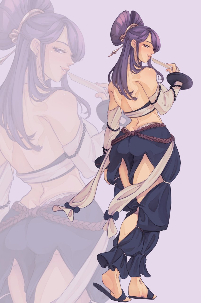 1girl, absurdres, back, butt_crack, commission, detached_sleeves, fire_emblem, fire_emblem_fates, full_body, grin, hair_tie, halterneck, highres, iaurencin, long_hair, looking_at_viewer, midriff, nintendo, orochi_(fire_emblem), pants, parted_lips, purple_eyes, purple_hair, revealing_clothes, sandals, simple_background, smile, solo, standing, teeth, two_side_up