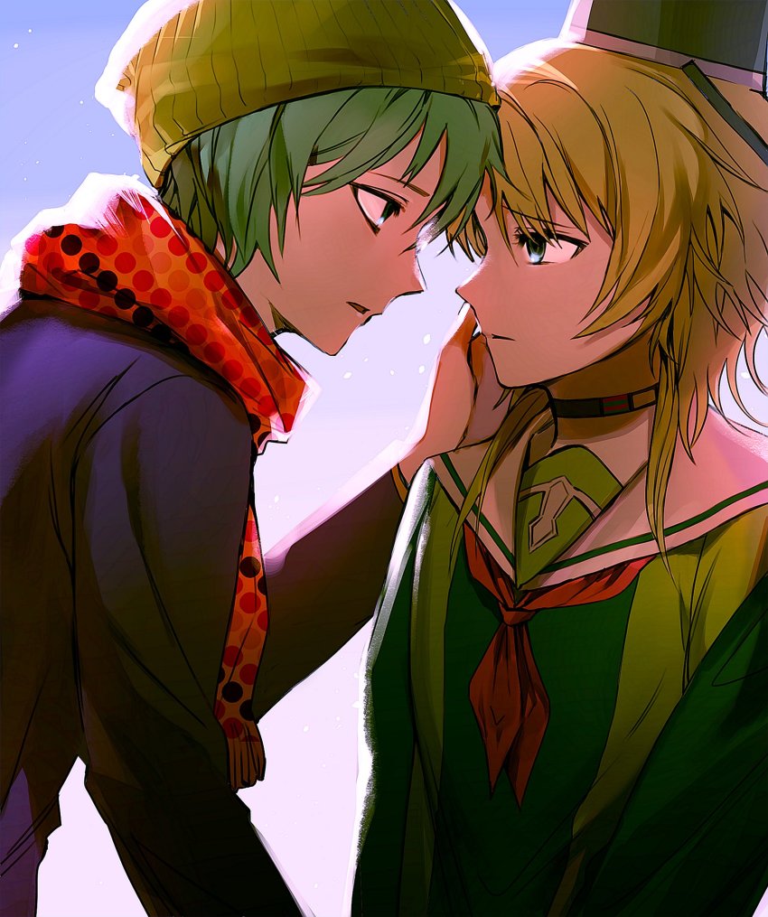 1boy, 1girl, bad_id, bad_twitter_id, beanie, blue_shirt, bucket, bucket_on_head