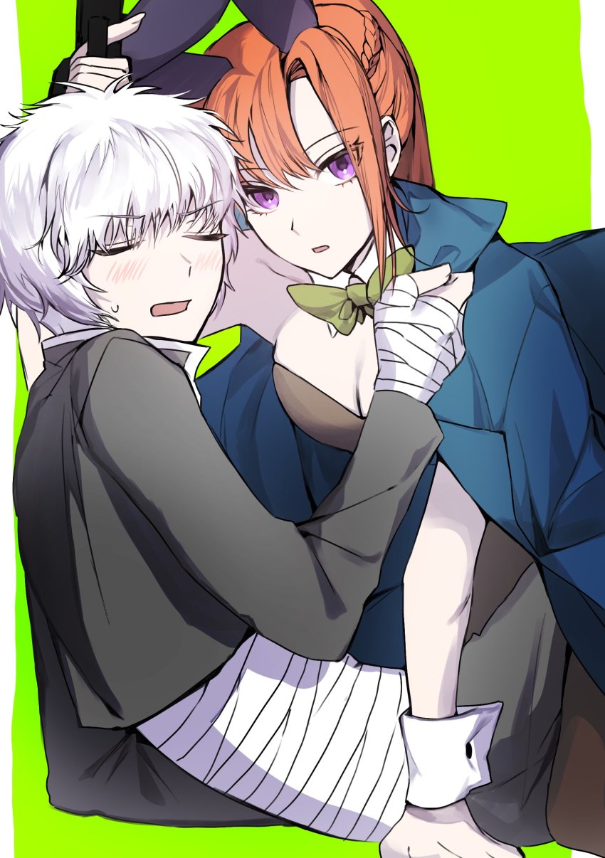 absurdres, animal_ears, bandaged_hand, bandages, blue_jacket, blush, cherry_(sp_gkdla), chidouin_sara, closed_eyes, commentary_request, fake_animal_ears, grey_jacket, highres, jacket, kageyama_ranmaru, kimi_ga_shine, korean_commentary, long_hair, long_sleeves, midriff_sarashi, open_mouth, orange_hair, playboy_bunny, purple_eyes, rabbit_ears, sarashi, shirt, short_hair, sweat, white_hair, white_shirt, wrist_cuffs