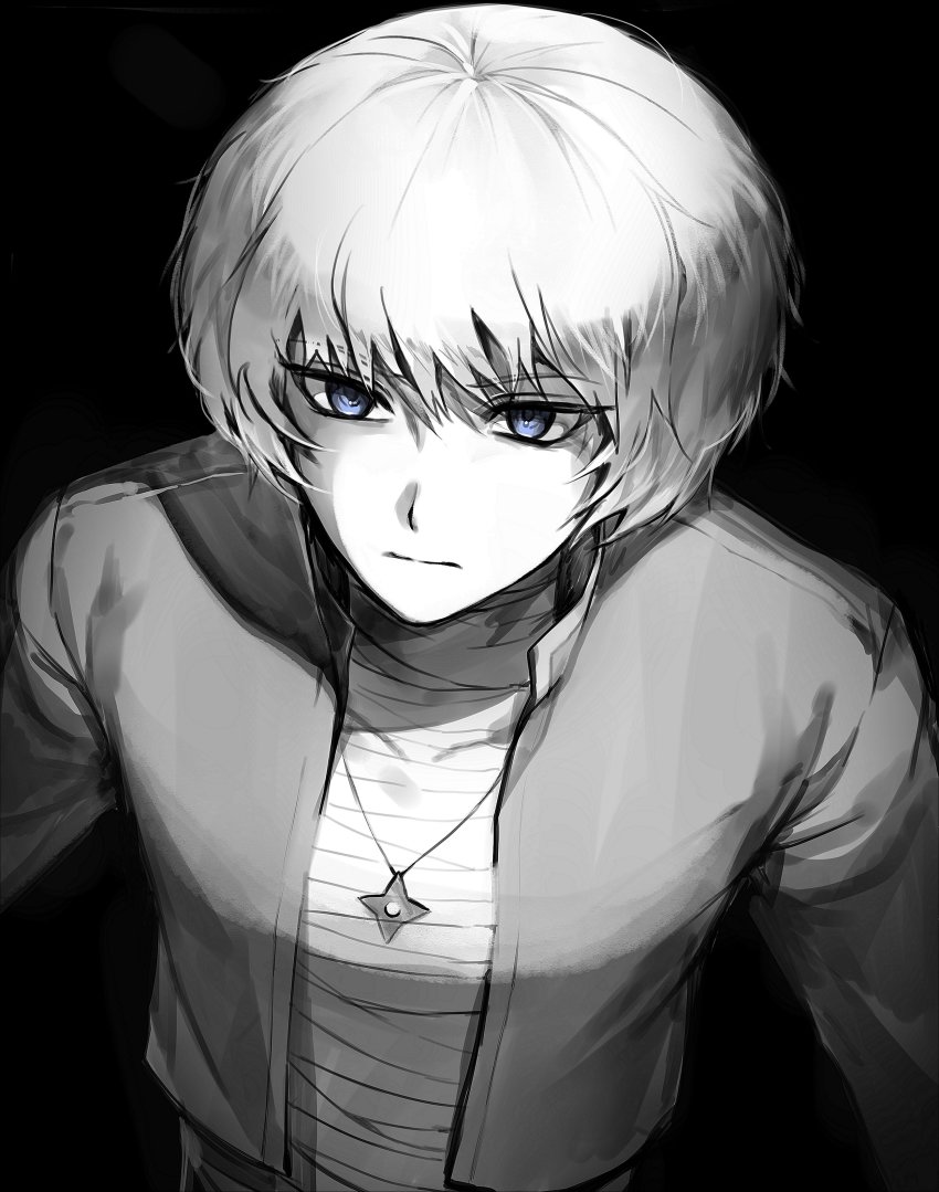 1boy, absurdres, bad_id, bad_twitter_id, black_background, blue_eyes, cherry_(sp_gkdla), chest_sarashi, closed_mouth, colored_skin, commentary, grey_jacket, greyscale, highres, jacket, kageyama_ranmaru, kimi_ga_shine, long_sleeves, male_focus, midriff_sarashi, monochrome, open_clothes, open_jacket, sarashi, short_hair, solo, upper_body, white_hair, white_skin