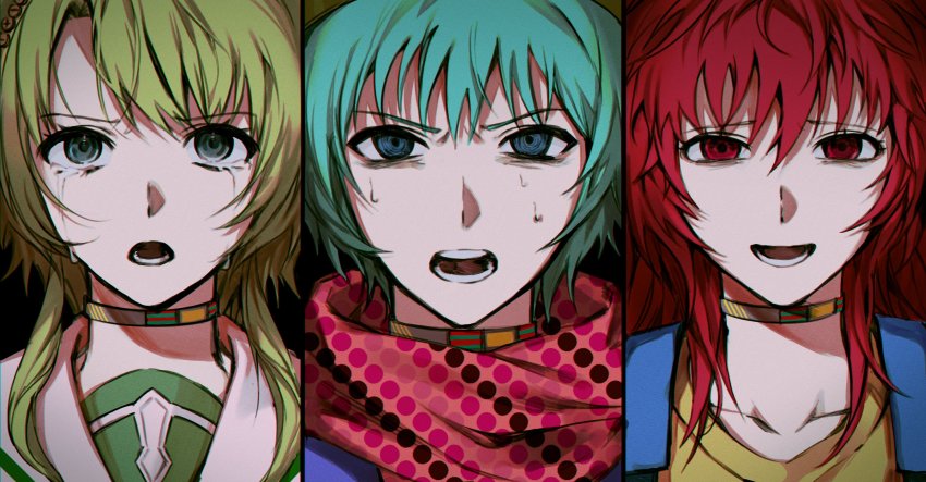 1boy, 2girls, aqua_eyes, bags_under_eyes, blue_eyes, blue_hair, cherry_(sp_gkdla), chromatic_aberration, commentary_request, crying, crying_with_eyes_open, egokoro_nao, film_grain, green_hair, green_headwear, hat, highres, hiyori_sou, kimi_ga_shine, kizuchi_kanna, korean_commentary, long_hair, multiple_girls, open_mouth, pink_scarf, polka_dot, polka_dot_scarf, portrait, red_eyes, red_hair, sailor_collar, scarf, shirt, short_hair, suspenders, tears, white_sailor_collar, yellow_shirt