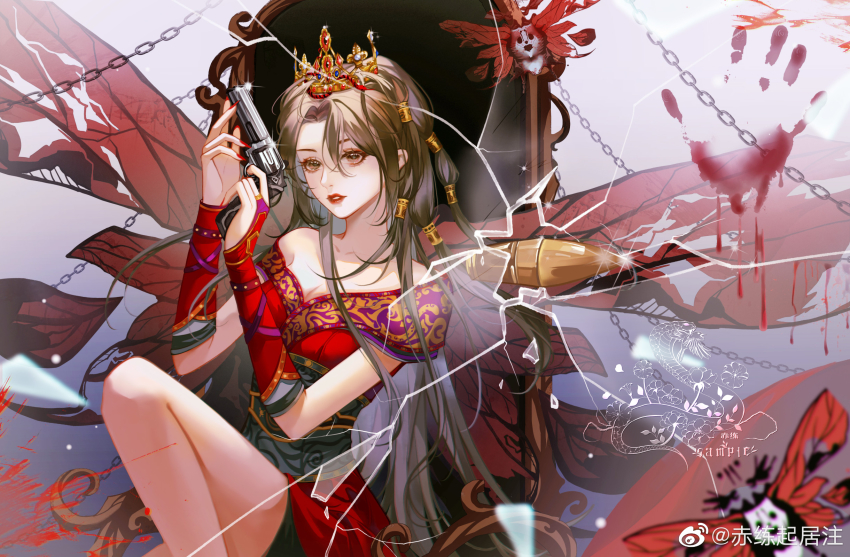 1girl, armband, bare_legs, bare_shoulders, black_shorts, breaking, brown_hair, butterfly_wings