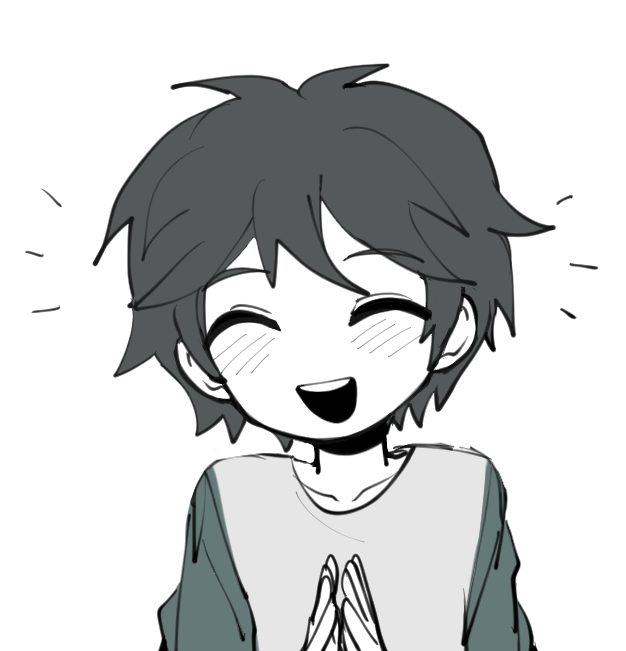 1boy, black_hair, child, closed_eyes, colored_skin, commentary_request, isoi_reiji_(rei-kun), korean_commentary, male_focus, nu_(qjqmfqjqmf02), open_mouth, own_hands_together, saibou_shinkyoku, shirt, short_hair, short_sleeves, smile, solo, teeth, upper_teeth_only, white_background, white_shirt, white_skin