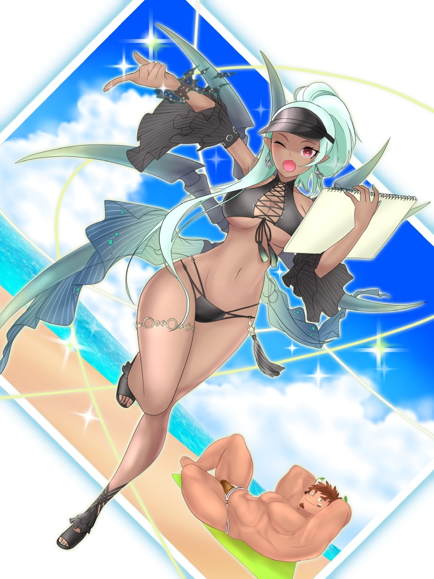 1boy, 1girl, ;o, arachne_(housamo), arthropod_girl, barefoot, beach, beard, breasts, brown_hair, brown_male_swimwear, brown_swim_briefs, cleavage, dark-skinned_female, dark_skin, day, detached_sleeves, earrings, facial_hair, full_body, highres, horns, insect_girl, jewelry, kai_(pixiv62332947), long_hair, looking_at_viewer, male_swimwear, medium_breasts, muscular, muscular_male, navel, one_eye_closed, outdoors, red_eyes, sandals, sketchbook, spider_girl, standing, standing_on_one_leg, swim_briefs, thigh_strap, thighs, tokyo_houkago_summoners, visor_cap, wakan_tanka, water