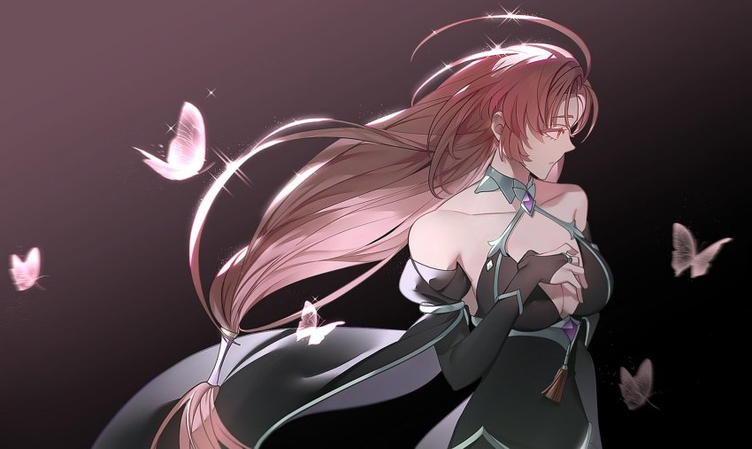 1girl, bare_shoulders, bosssama, breasts, bug, butterfly, cleavage, colored_eyelashes