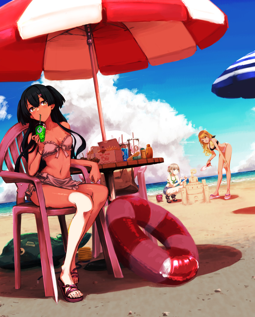 3girls, absurdres, beach, bikini, black_hair, blue_skirt, breasts, building_sand_sculpture, chair, cleavage, cloud, cup, disposable_cup, flip-flops, full_body, highres, humanplushq, idolmaster, idolmaster_shiny_colors, innertube, izumi_mei, looking_at_viewer, mayuzumi_fuyuko, multiple_girls, navel, on_chair, outdoors, parasol, sand_castle, sand_sculpture, sandals, serizawa_asahi, shade, sitting, skirt, straylight_(idolmaster), swim_ring, swimsuit, toes, umbrella, white_bikini