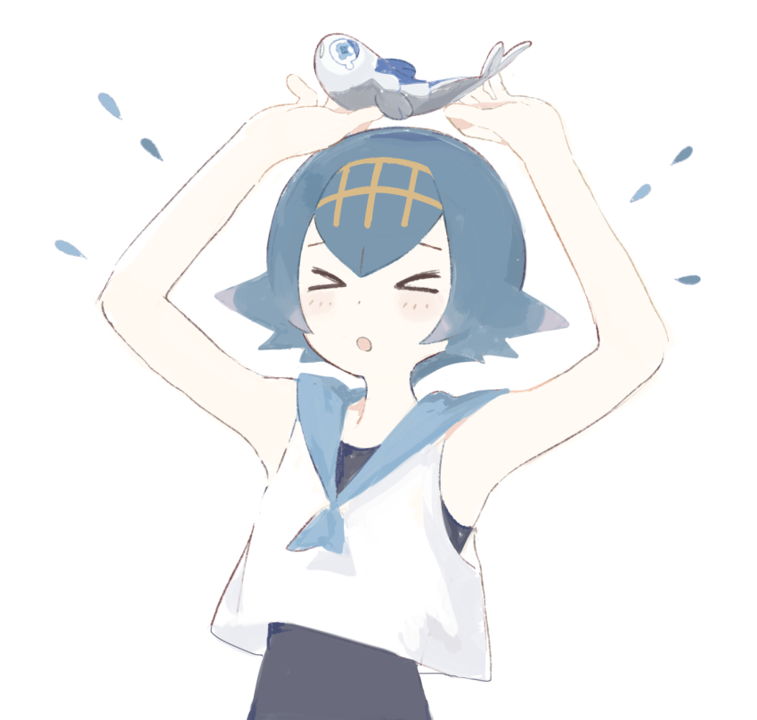 >_<, 1girl, animal, armpits, arms_up, blue_collar, blue_hair, blush