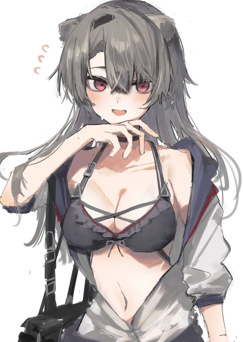 1girl, absinthe_(arknights), animal_ears, arknights, asymmetrical_bangs, bag, bear_ears, bikini