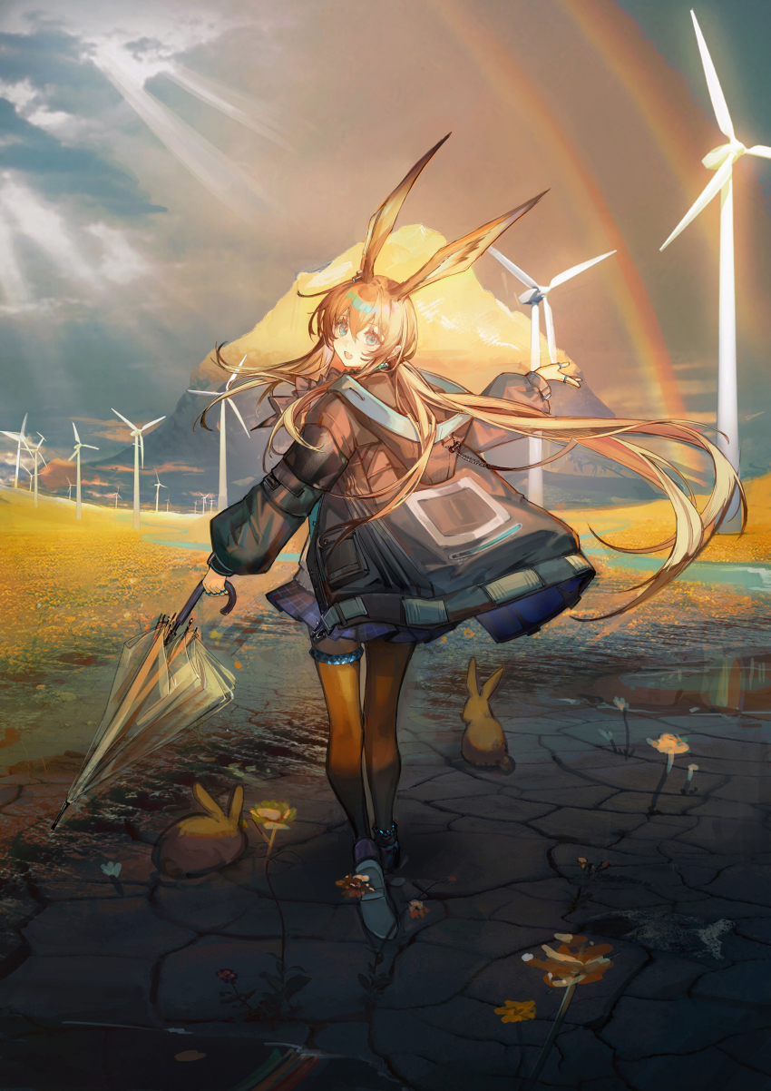 1girl, :d, absurdres, amiya_(arknights), animal, animal_ears, anklet, arknights, ascot, black_jacket, black_pantyhose, blue_ascot, blue_collar, blue_eyes, blue_skirt, brown_hair, collar, commentary, english_commentary, extra_ears, flower, from_behind, grey_sky, hair_between_eyes, hand_up, highres, holding, holding_umbrella, hood, hood_down, hooded_jacket, jacket, jewelry, light_rays, long_hair, long_sleeves, looking_at_viewer, looking_back, mountain, mudcracks, multiple_rings, neck_ring, neriash, open_clothes, open_jacket, open_mouth, outdoors, overcast, pantyhose, plaid_clothes, plaid_skirt, pleated_skirt, ponytail, rabbit, rabbit_ears, rabbit_girl, rainbow, ring, scenery, shirt, skirt, sky, smile, solo, teeth, thighlet, thumb_ring, transparent, transparent_umbrella, umbrella, upper_teeth_only, very_long_hair, white_shirt, windmill