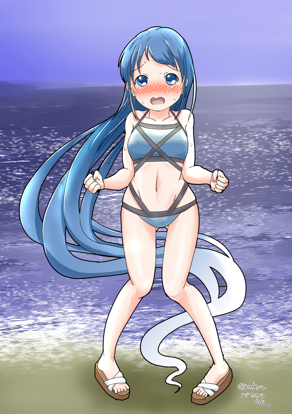 1girl, beach, bikini, blue_bikini, blue_eyes, blue_hair, blue_sky, blush