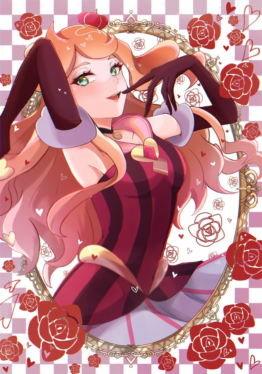 1girl, :d, absurdres, armpits, black_choker, brown_gloves, choker, commentary_request, crown, dress, elbow_gloves, eyelashes, flower_symbol, gloves, green_eyes, hair_down, heart, highres, long_hair, looking_at_viewer, mini_crown, nintendo, official_alternate_costume, open_mouth, orange_hair, pokemon, pokemon_masters_ex, smile, solo, sonia_(pokemon), sonia_(special_costume)_(pokemon), ssn_(sasa8u9r), teeth, tongue, upper_teeth_only