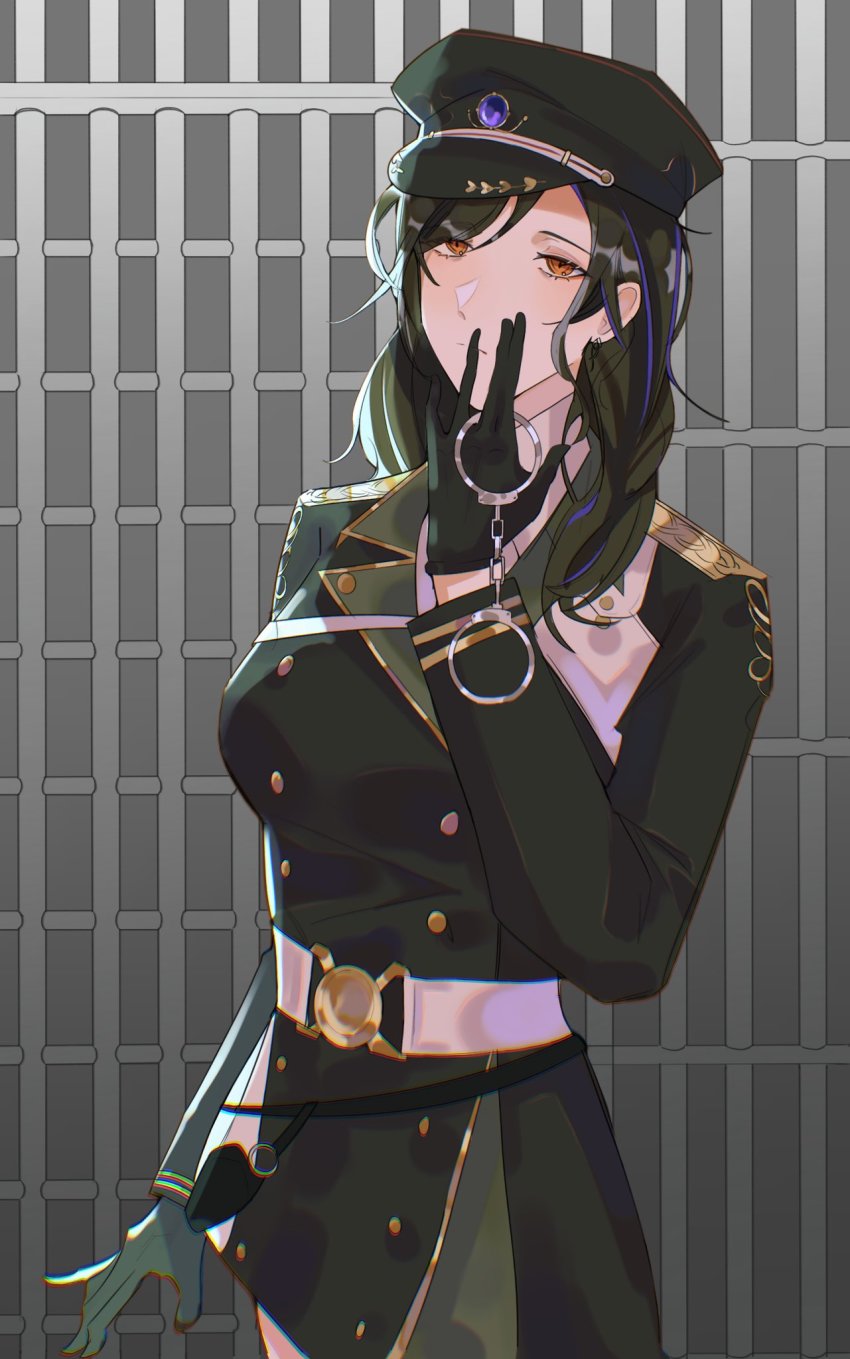 1girl, black_gloves, black_hair, breasts, brown_eyes, coat, cuffs, eyebrows_hidden_by_hair, gloves, handcuffs, hat, highres, holding, holding_handcuffs, long_hair, looking_at_viewer, military, military_hat, military_uniform, nijisanji, shirayuki_tomoe, shirayuki_tomoe_(military), skgksksla, solo, virtual_youtuber