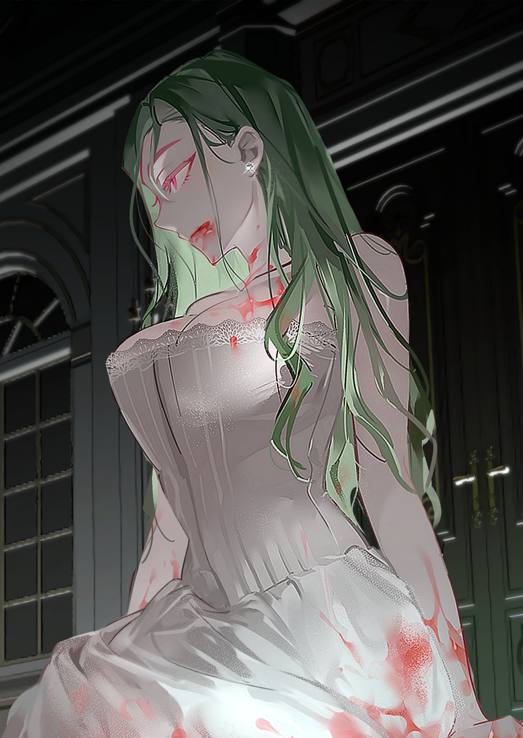 1girl, blood, blood_on_breasts, blood_on_clothes, blood_on_face, bosssama, breasts, cleavage