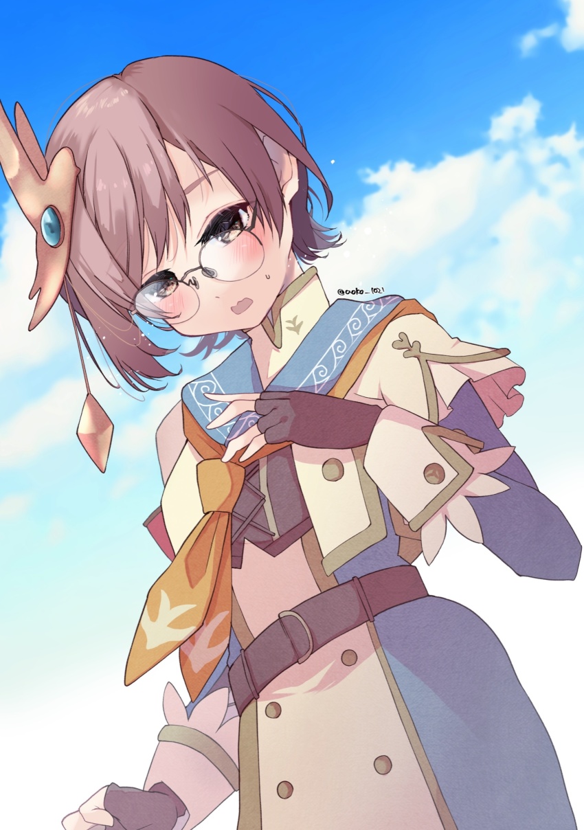 1girl, aoko_(myut7287), belt, black_belt, black_gloves, blue_dress, blue_sky, blush, brown_eyes, brown_hair, brown_jacket, chichae_(monster_hunter), cloud, cloudy_sky, dress, fingerless_gloves, gloves, hand_up, highres, jacket, layered_sleeves, long_sleeves, monster_hunter_(series), monster_hunter_rise, open_mouth, outdoors, short_over_long_sleeves, short_sleeves, sky, solo, sweat, twitter_username, wavy_mouth
