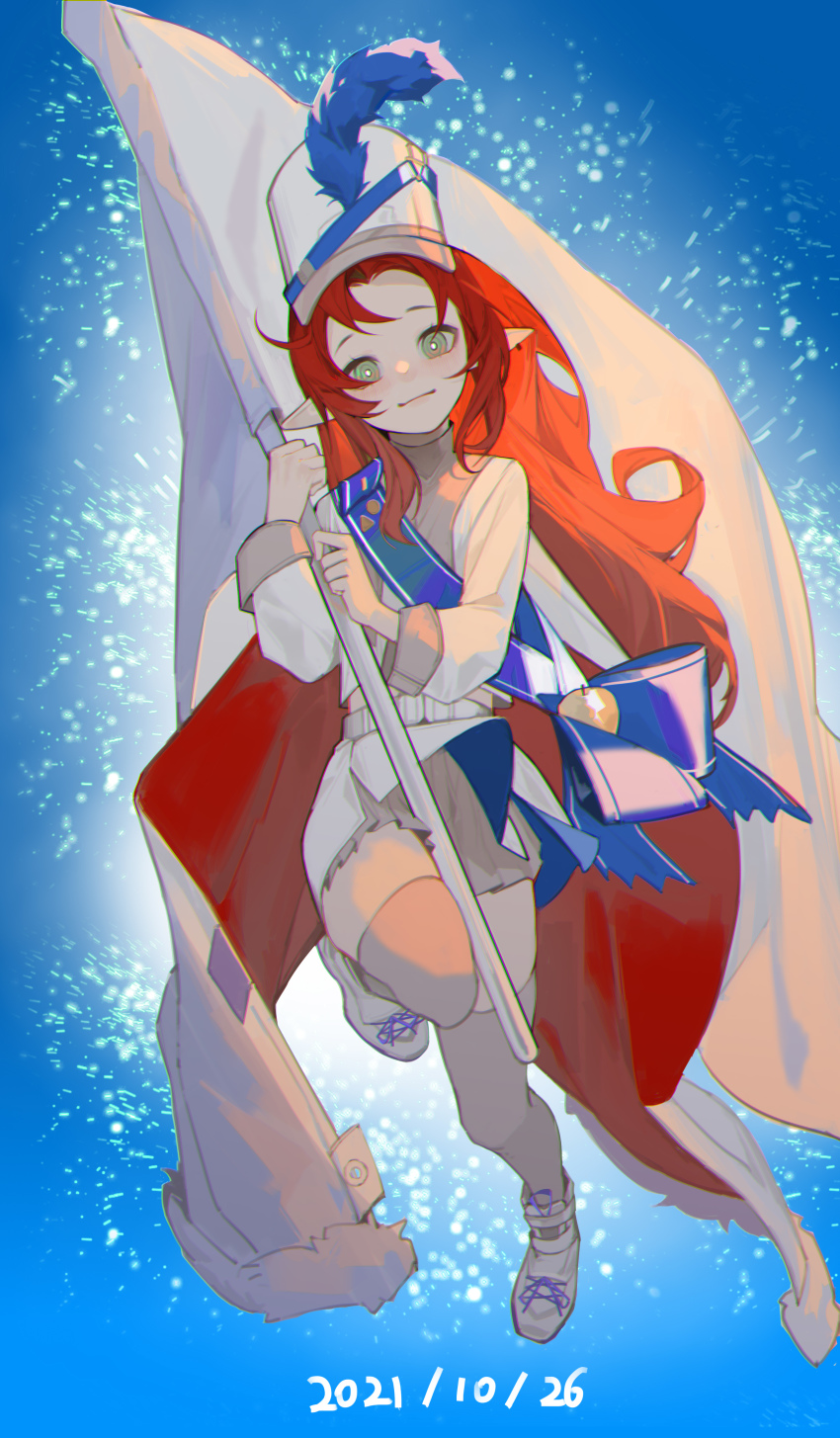 1girl, absurdres, apple, arknights, blue_background, blue_sash, brown_thighhighs, dated