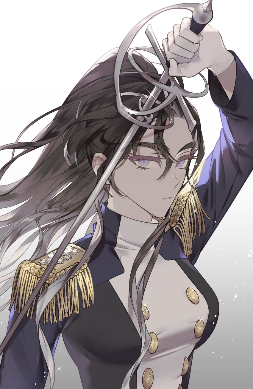 1girl, absurdres, black_hair, blue_eyes, bosssama, buttons, colored_eyelashes, epaulettes