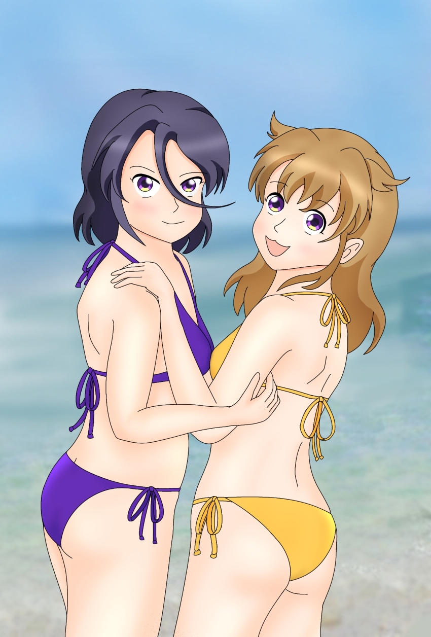 2girls, :3, ass, bikini, black_hair, blue_sky, breasts, brown_hair, cloud, dog_girl, from_behind, highres, long_hair, looking_at_viewer, looking_back, makky_(pixiv_56386979), multiple_girls, ocean, open_mouth, purple_bikini, purple_eyes, shibuhachi-tan, shibuto-tan, short_hair, side-tie_bikini_bottom, sky, small_breasts, smile, swimsuit, water, yellow_bikini