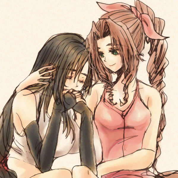 2girls, aerith_gainsborough, arm_around_neck, bare_arms, black_gloves, black_hair, braid, braided_ponytail