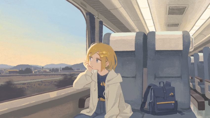 1girl, backpack, bag, blonde_hair, blue_eyes, blue_shirt, bush, closed_mouth