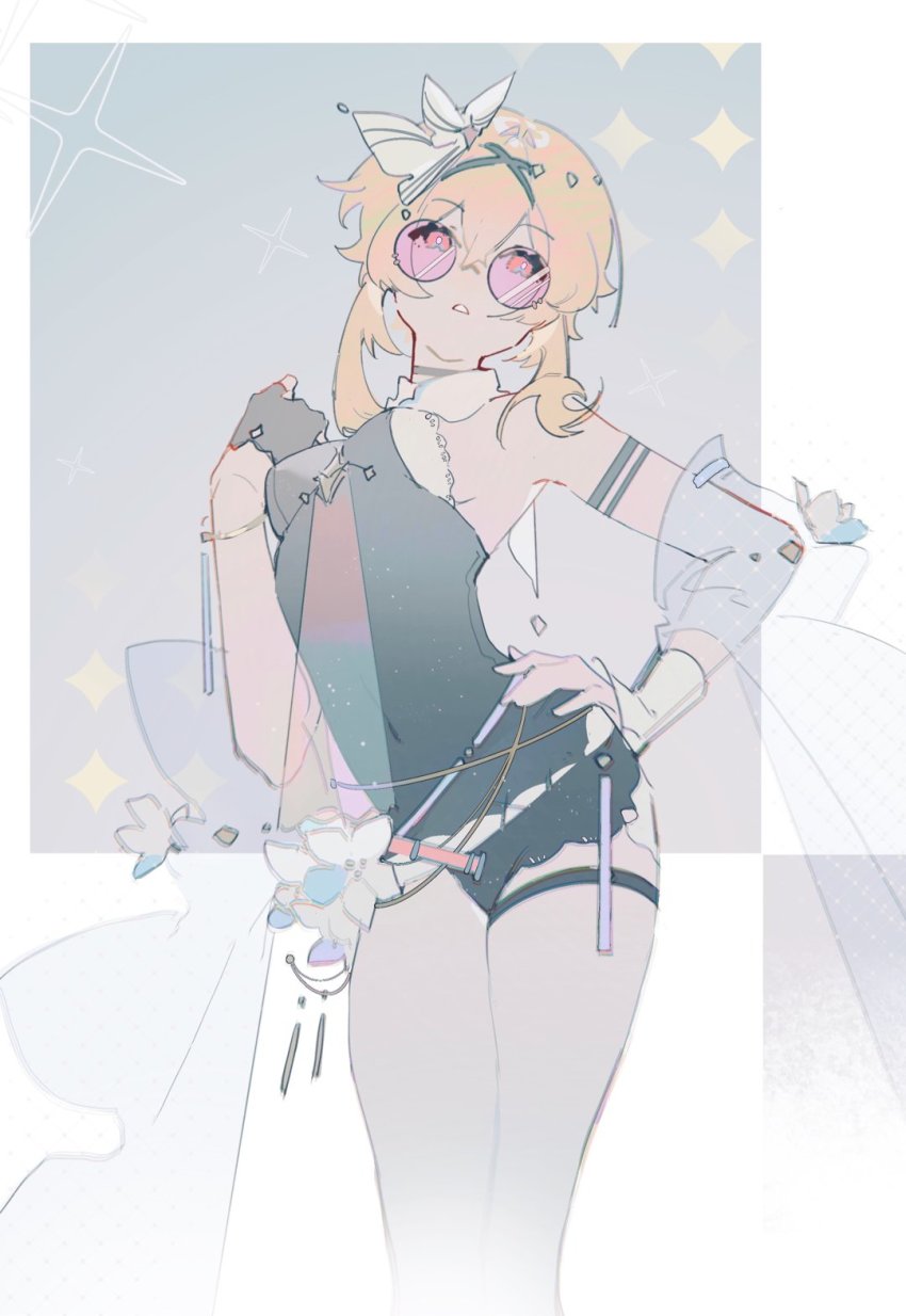 1girl, alternate_costume, arm_strap, black_choker, black_leotard, blonde_hair, breasts, choker, detached_sleeves, flower, genshin_impact, gloves, hair_ornament, hand_up, highres, hollning, leotard, lumine_(genshin_impact), orange_eyes, parted_lips, round_eyewear, short_hair_with_long_locks, single_glove, small_breasts, solo, sparkle, sunglasses, thigh_strap, tinted_eyewear, white_flower