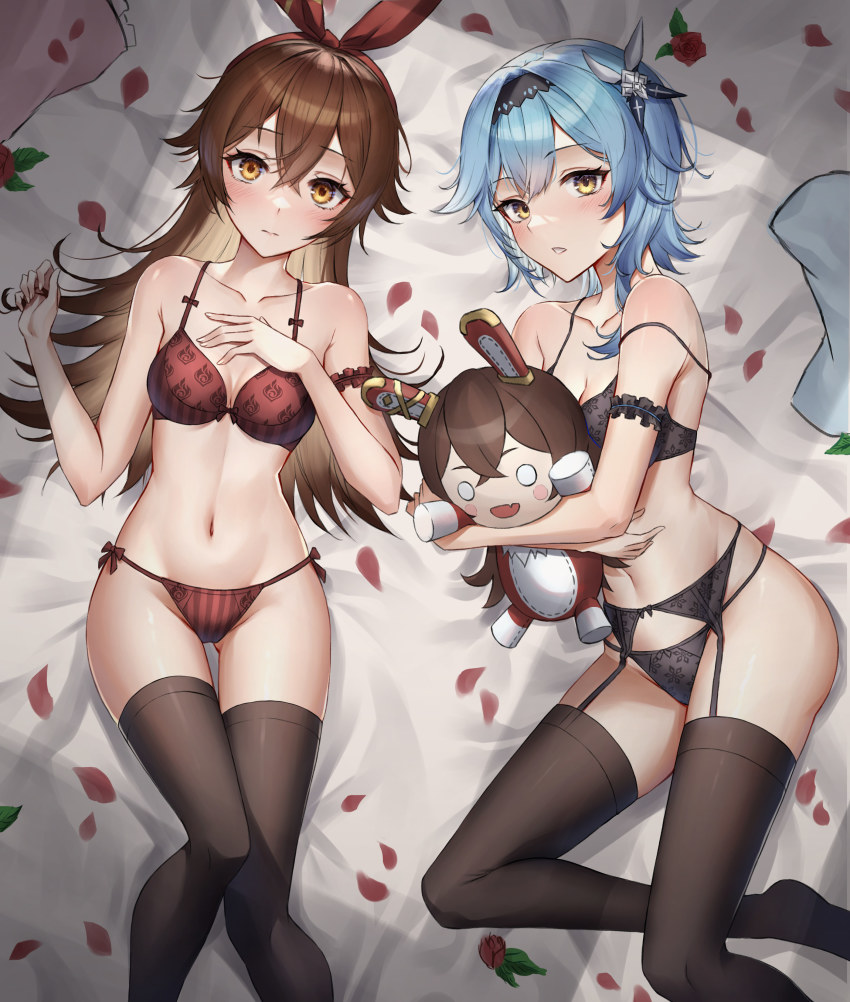 2girls, absurdres, amber_(genshin_impact), bare_arms, bare_shoulders, baron_bunny_(genshin_impact), bed_sheet, black_bra, black_hairband, black_panties, black_thighhighs, blue_hair, blush, bra, breasts, brown_eyes, brown_hair, cleavage, commentary_request, eula_(genshin_impact), feet_out_of_frame, garter_belt, genshin_impact, hair_between_eyes, hair_ribbon, hairband, highres, holding, holding_stuffed_toy, long_hair, looking_at_viewer, lying, multiple_girls, myske_(myst34415756), navel, no_shoes, on_back, panties, parted_lips, petals, red_bra, red_panties, red_ribbon, ribbon, rose_petals, short_hair, side-tie_panties, small_breasts, stomach, strap_slip, stuffed_toy, thighhighs, thighs, underwear, underwear_only, very_long_hair, yellow_eyes