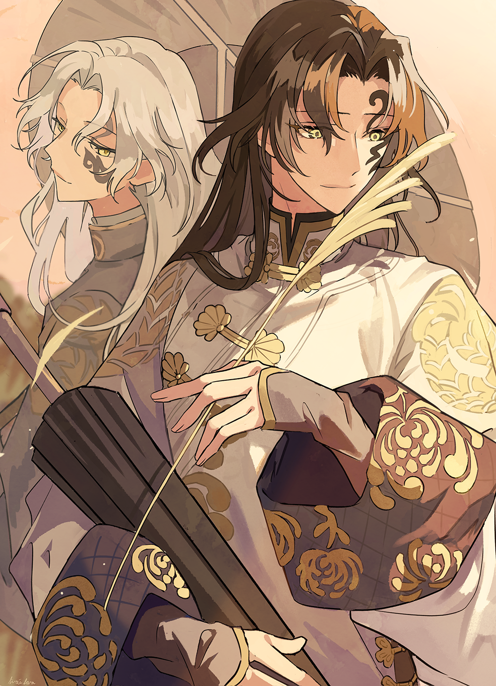 2boys, black_hair, changpao, chinese_clothes, chrysanthemum, chrysanthemum_print, closed_umbrella, curtained_hair