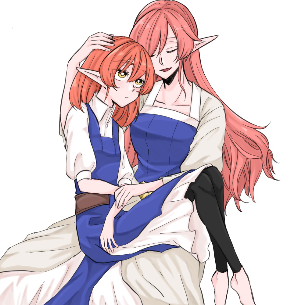 2girls, aunt_and_niece, barefoot, black_leggings, blue_dress, closed_eyes, dress, headpat, helck, leggings, long_hair, multiple_girls, pointy_ears, red_hair, shunova, sitting, sitting_on_lap, sitting_on_person, smile, user_zhvd4247, vermilio_(helck), white_dress, yellow_eyes