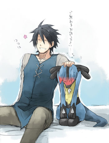 2boys, black_hair, blush, gen_4_pokemon, gradient_background, lowres, lucario, male_focus