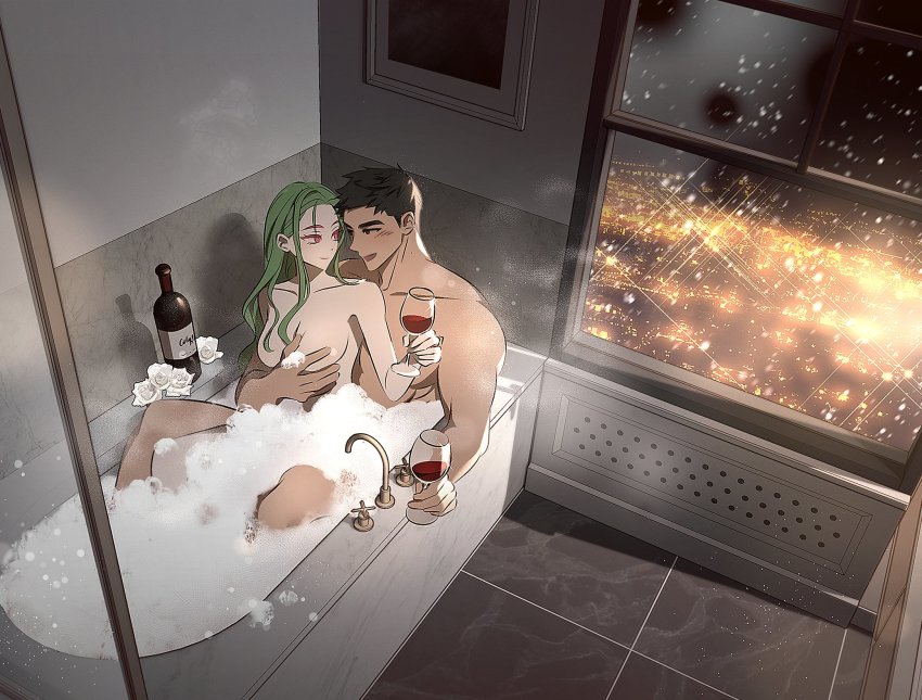 1boy, 1girl, alcohol, bathroom, bathtub, black_eyes, blush, bosssama, bottle, breasts, brown_hair, cityscape, completely_nude, convenient_censoring, copyright_request, cup, drinking_glass, eye_contact, faucet, flower, grabbing_another's_breast, green_hair, groping, hand_on_another's_chest, hetero, highres, korean_commentary, large_breasts, light_particles, long_hair, looking_at_another, mixed-sex_bathing, mole, mole_on_neck, muscular, muscular_male, nude, red_eyes, rose, shared_bathing, short_hair, smile, snowing, soap_bubbles, white_flower, white_rose, window, wine, wine_bottle, wine_glass