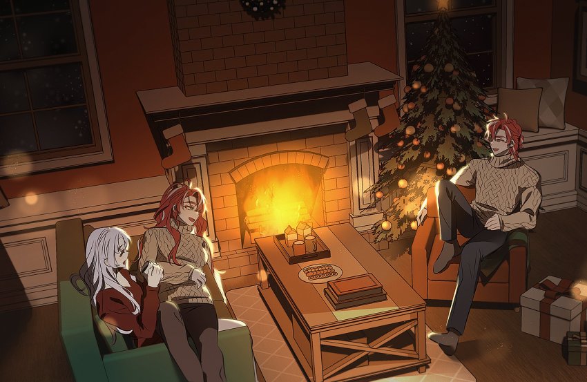 1boy, 2girls, armchair, book, book_stack, bosssama, chair, christmas